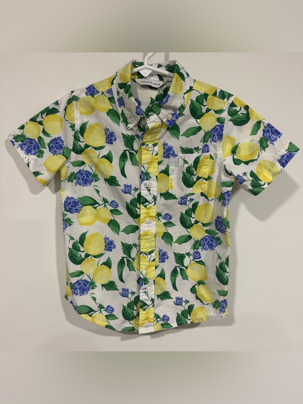 Janie And Jack Boy’s Size 4 Lemon Print Short Sleeve Button Down Poplin Shirt